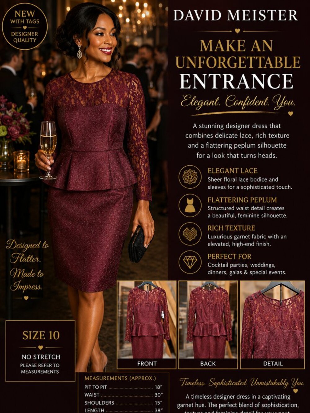 David Meister Designer Burgundy Lace Peplum Dress Size 10 NWT Cocktail Formal